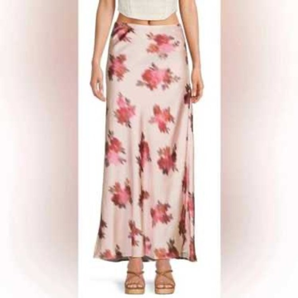 WeWoreWhat Pink Floral Satin Maxi Skirt Blurred Rose Print Size 8 e5